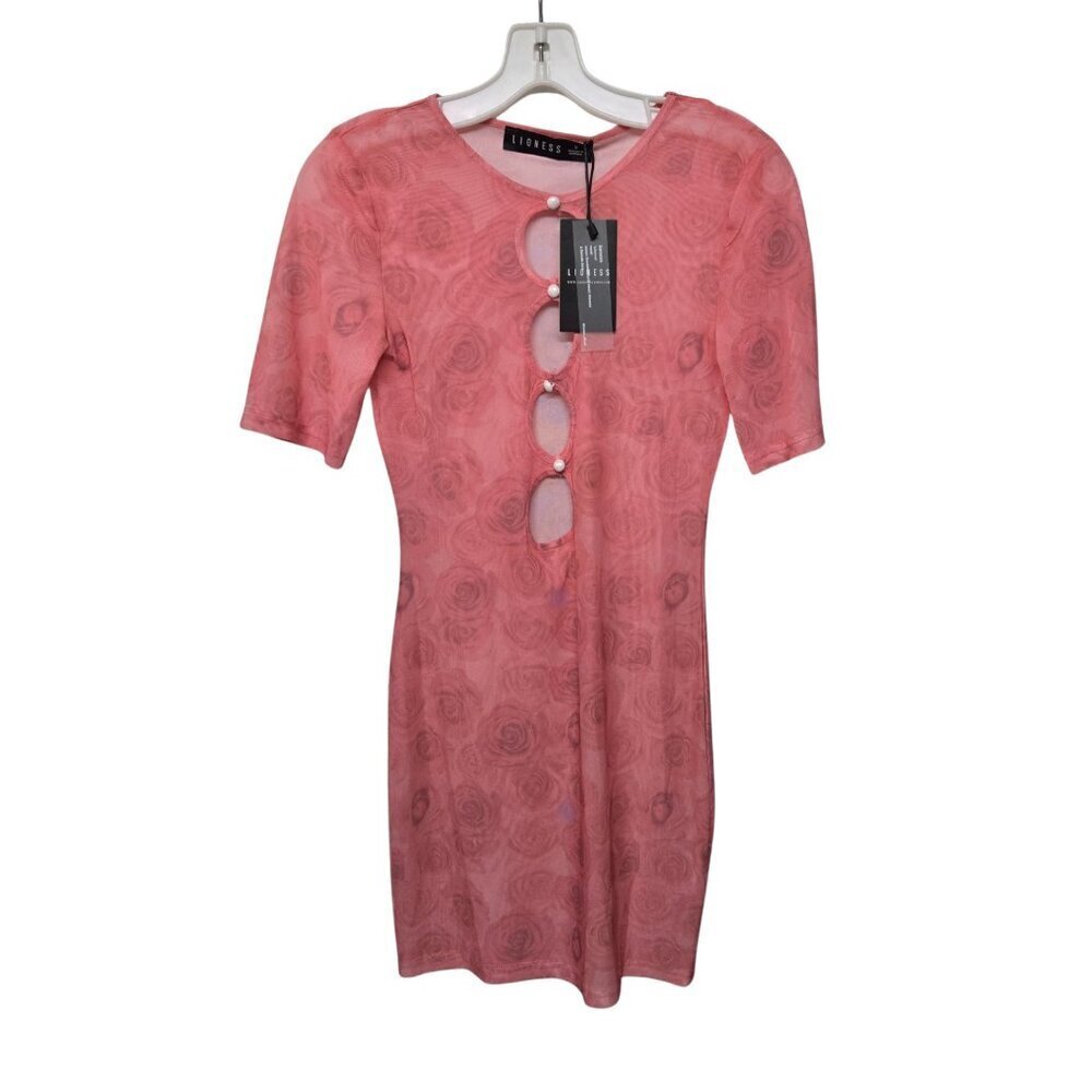 Lioness Hysteria Knit Bodycon Dress S Cut Out Sheer Mesh Rose Print Stretch Pink